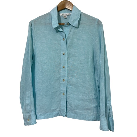 Casual Corner Womens Blue Linen Button Down Shirt Size Med - Picture 1 of 5